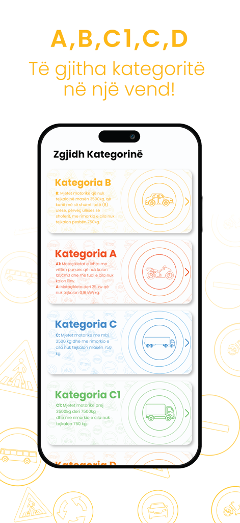 Bildschirm eines Mobiltelefons, der Führerscheinkategorien für Autos, Motorräder und Lastwagen auf Albanisch anzeigt