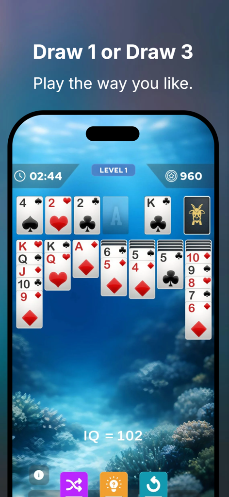 Solitaire Classic – Klondike - Solitaire Classic Klondike gameplay showing draw 1 and draw 3 modes with an underwater theme