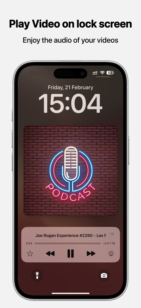 iPhone lock screen showing background audio playback for a video podcast using TubePod