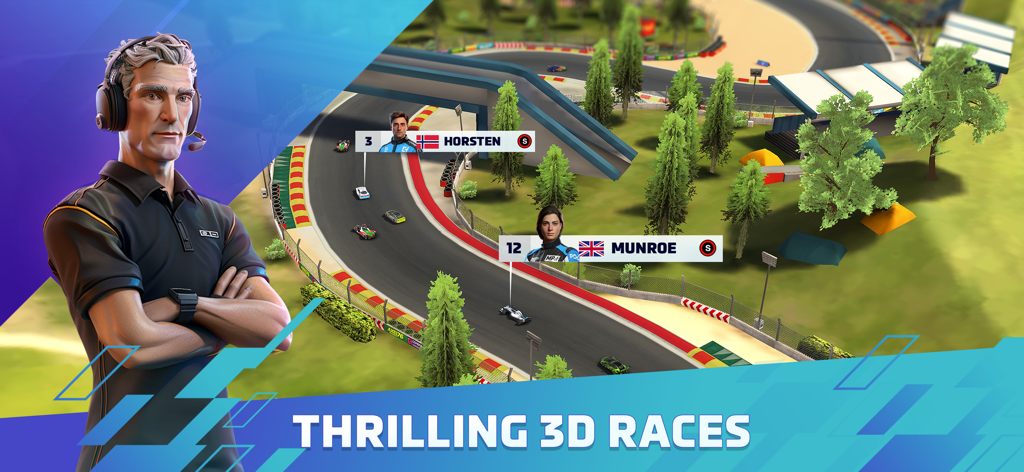 Eine 3D-Rennansicht in Motorsport Manager Online 2024, die Autos im Wettkampf auf einer Strecke mit einem Teammanager zeigt