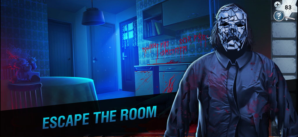 Cena de horror com o Homem Espelho em um quarto ensanguentado de Adventure Escape Mysteries