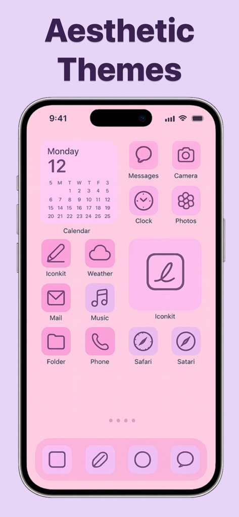 Custom App Icon Maker: IconKit - iPhone home screen showing a soft pink aesthetic theme with custom app icons and a calendar widget.
