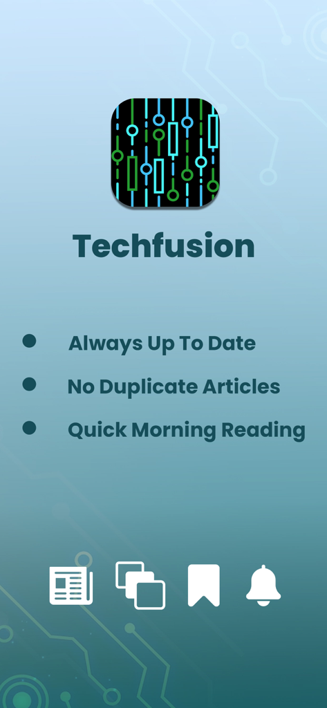 Tela de apresentação do aplicativo Techfusion exibindo recursos principais como notícias atualizadas e artigos sem duplicatas