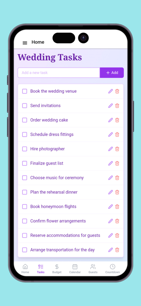 Wedding tasks checklist showing various wedding planning items in the app