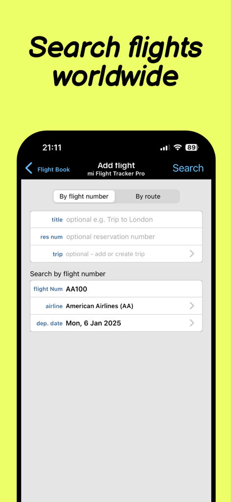 Flight Tracker, Plane Radar 24 - Interface of the flight tracker app showing how to search for a flight by number.
