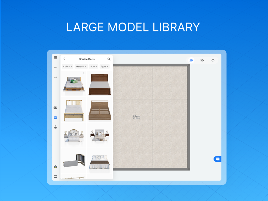 Coohom app interface showing a large furniture model library for interior design projects