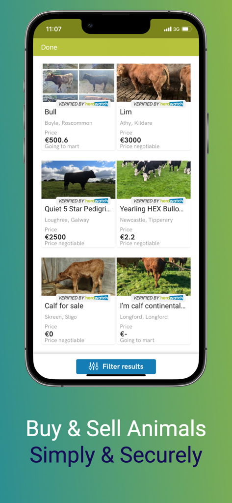 Herdwatch app interface showing livestock listings for buying and selling cattle and sheep