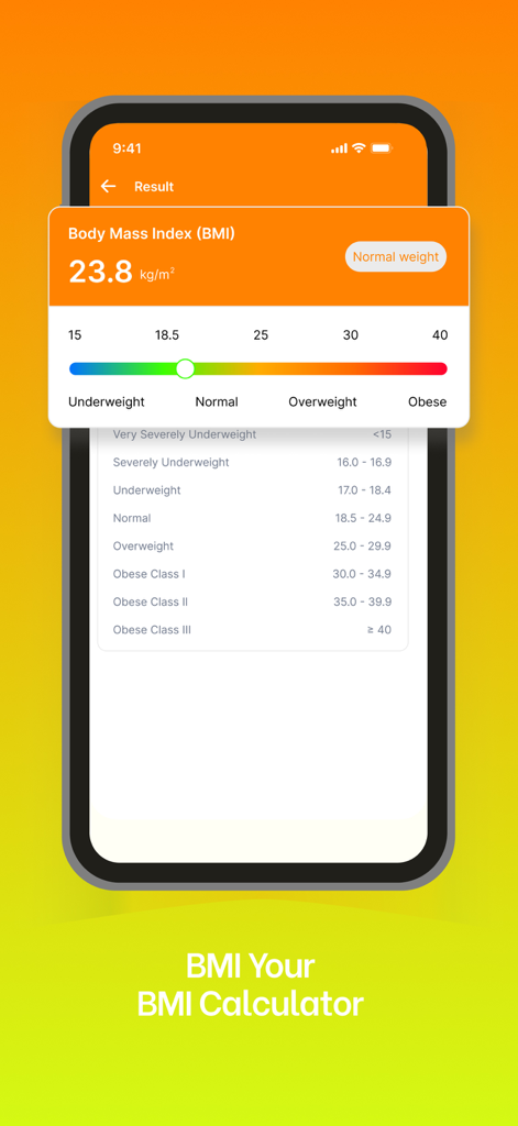 Cal Diet - AI Calorie Tracker - Interface of the Cal Diet app showing a BMI calculation result of 23.8 indicating a normal weight