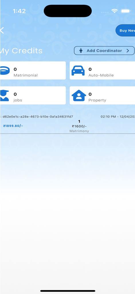 Community CLUB - Community CLUB app credits dashboard showing matrimony jobs and property categories