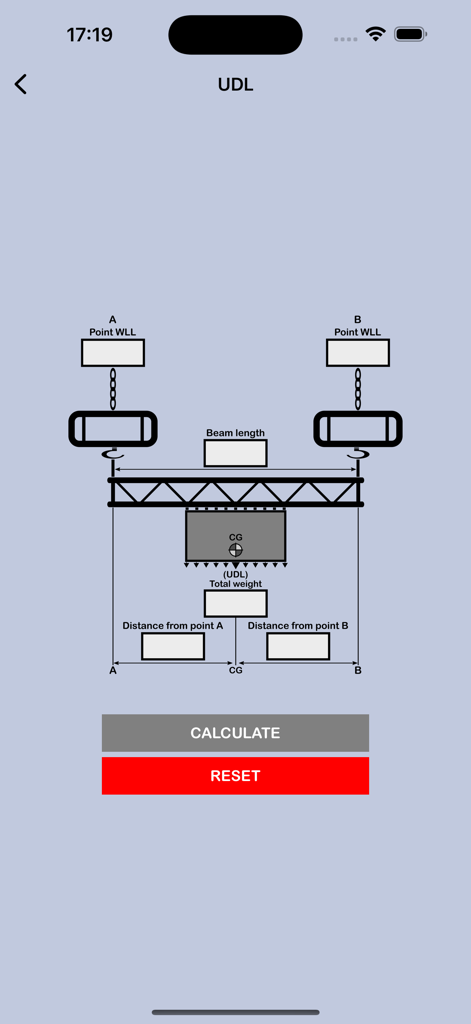 Rigging Bridle Calculator+ - Interfaz de la aplicación Rigging Bridle Calculator que muestra un diagrama para cálculos de carga distribuida uniformemente con campos de entrada para la longitud de la viga y la distribución del peso.