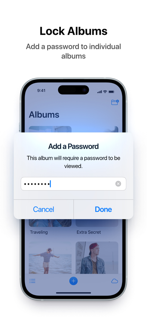 Keepsafe app interface showing the feature to add a password to individual photo albums for enhanced privacy