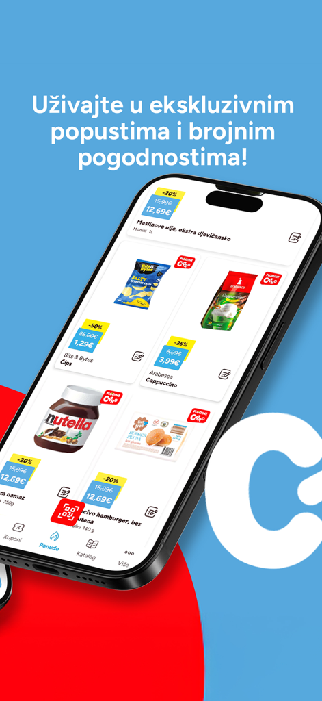 Plodine Card - An iPhone screen showing various discounted grocery items and exclusive offers in the Plodine Card loyalty app.