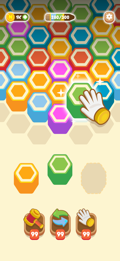 Pencil Sort - Color Sorting - Tela de jogabilidade do Pencil Sort mostrando peças hexagonais coloridas 3D sendo classificadas