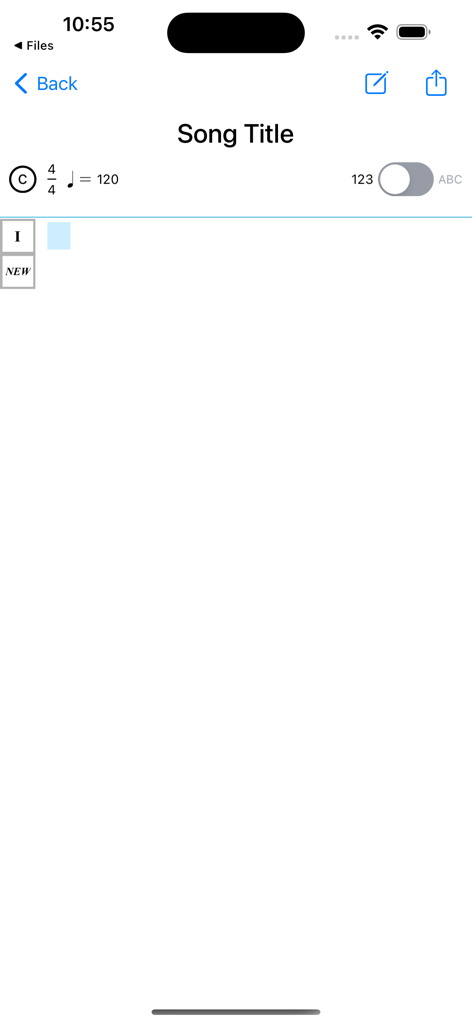 Nashville Numbers - Pantalla de creación de partituras en blanco en la aplicación Nashville Numbers mostrando el título de la canción y la configuración del tempo