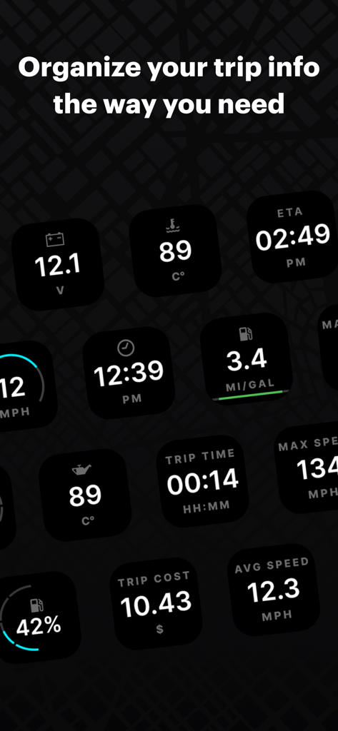HUDWAY Drive: HUD for any car - HUDWAY Drive app interface showing various customizable widgets for car diagnostics and trip information