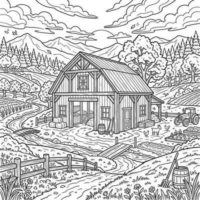 Step into the tranquil beauty of farm life with this intricate pole barn coloring page. This full scene landscape captures every detail of a bustling countryside, perfect for those who love rustic charm.