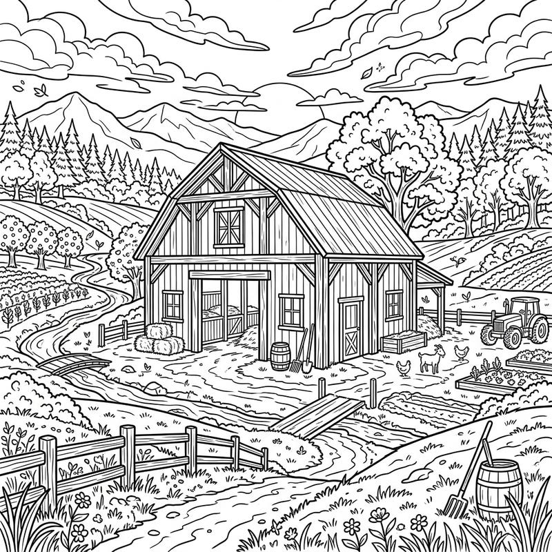 Step into the tranquil beauty of farm life with this intricate pole barn coloring page. This full scene landscape captures every detail of a bustling countryside, perfect for those who love rustic charm.