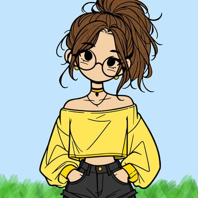 girl with a messy ponytail glasses a baggy crop top and jean shorts