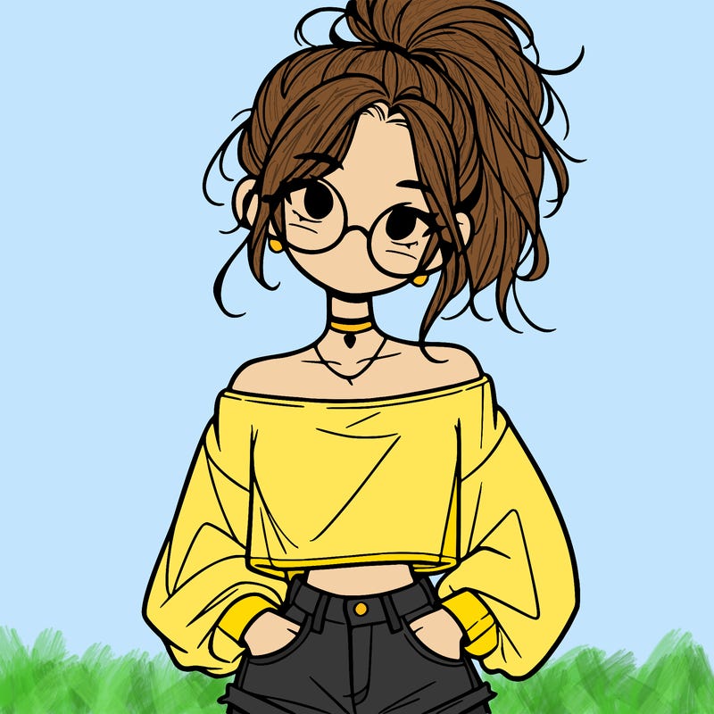 girl with a messy ponytail glasses a baggy crop top and jean shorts