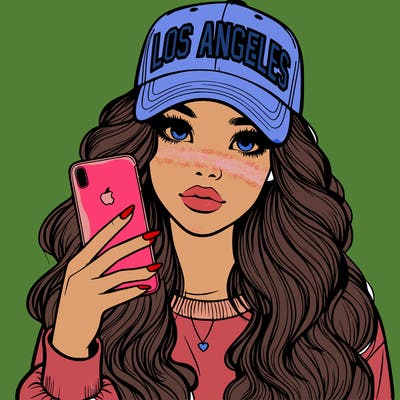 realistic beautiful girl wearing los ángeles cap holding an iphone