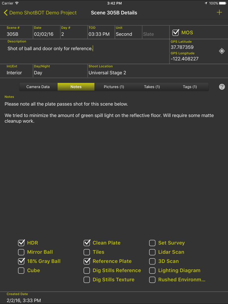 ShotBOT app interface on iPad showing VFX scene details, notes, and technical checkboxes for film production.