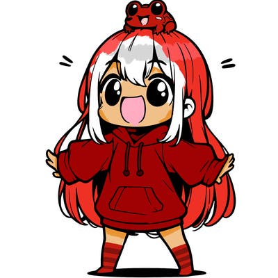 a excited chibi girl whith long hair and a baggy shirt whith a frog on there head