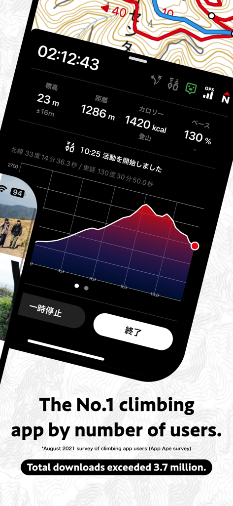 YAMAP App-Oberfläche mit Wanderstatistiken und Höhenprofil