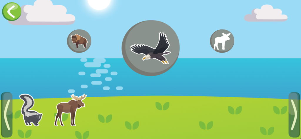Geo Kids (Qbis Studio) - Animal identification game screen from Geo Kids showing an eagle and other North American wildlife