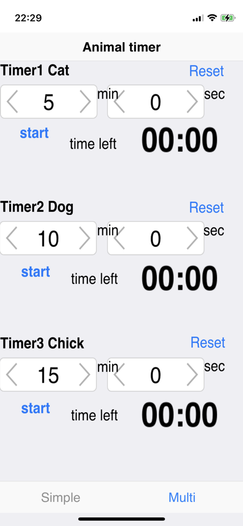 Animal Timer - Interface of the Animal Timer app showing three independent timers for cat dog and chick sounds.