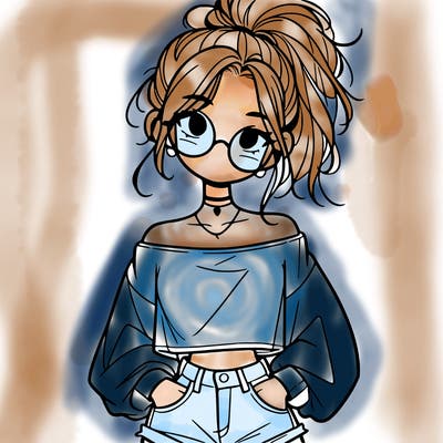 girl with a messy ponytail glasses a baggy crop top and jean shorts