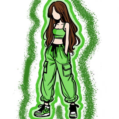 girl in baggy pants crop top and long hair