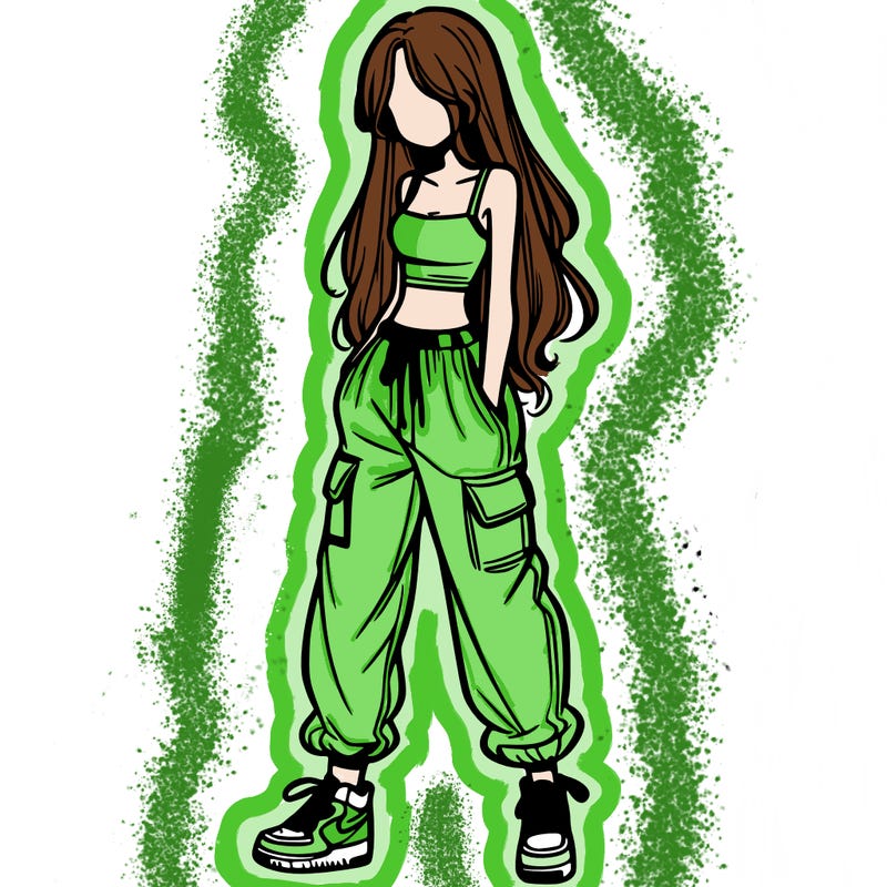 girl in baggy pants crop top and long hair