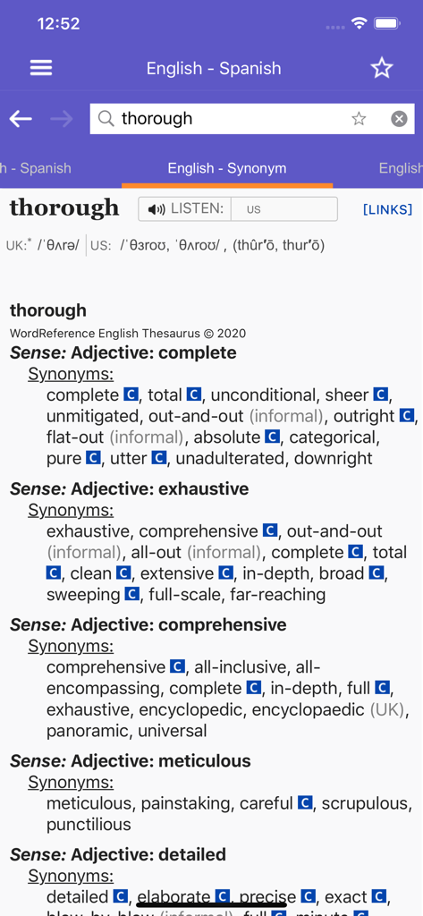 English thesaurus in the WordReference app showing synonyms for the word thorough.