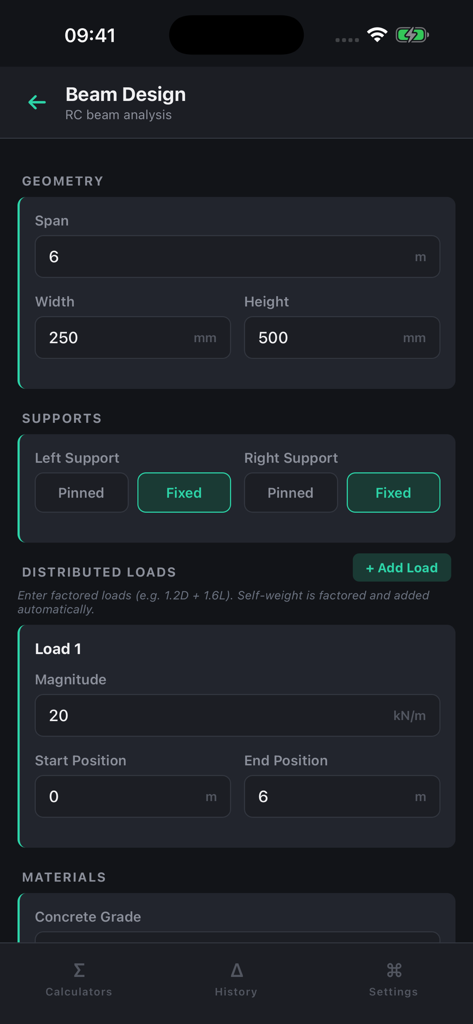 VerCivil: Structural Engineer - Interface of the VerCivil app showing reinforced concrete beam analysis with input fields for geometry and distributed loads