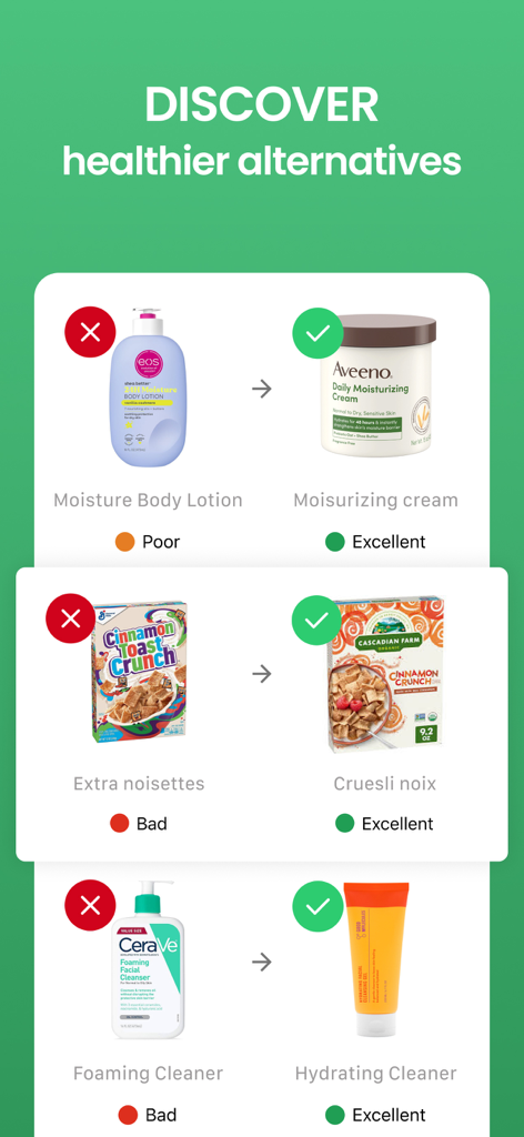 Comparison of food and cosmetic products showing healthier alternatives recommended by the Yuka app.
