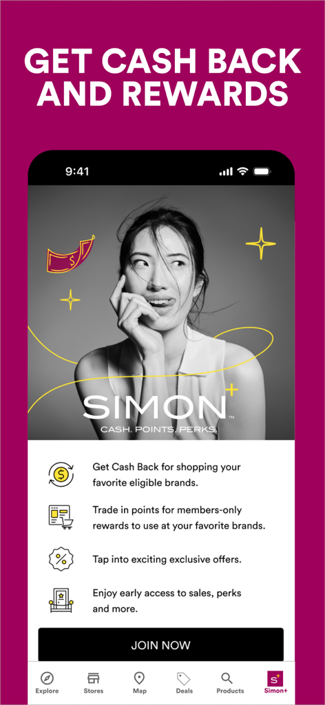 SIMON: Malls, Mills & Outlets - Promoção do programa de recompensas Simon plus dentro do aplicativo apresentando cashback e vantagens exclusivas para membros.