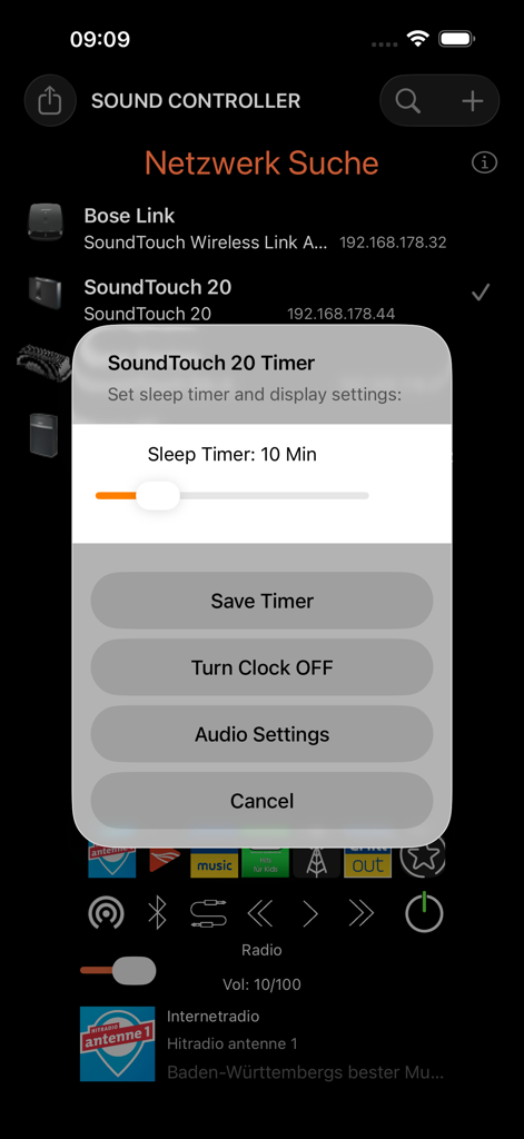 Companion for Bose SoundTouch - Interface showing the sleep timer setting for a Bose SoundTouch 20 speaker