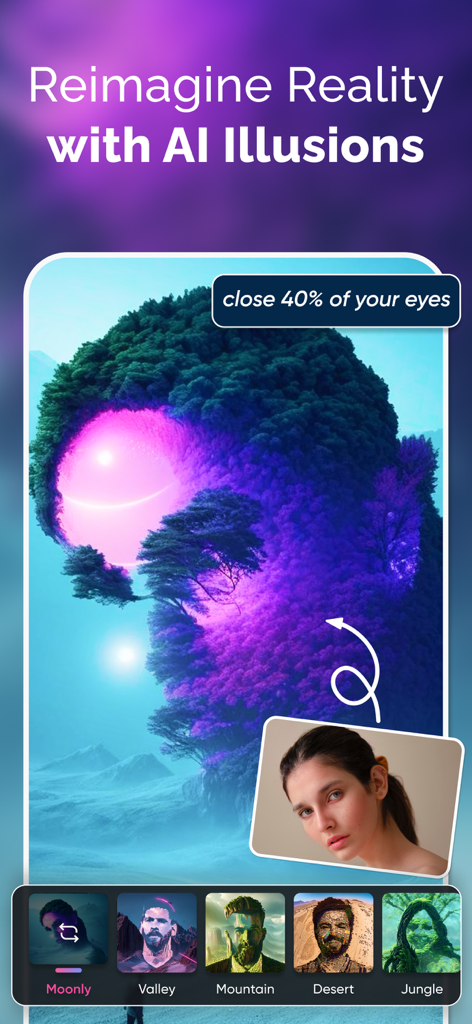 AI Art Photo Editor, GIF Maker - Uma interface mostrando o recurso de ilusões de IA criando um rosto oculto em uma paisagem surreal.