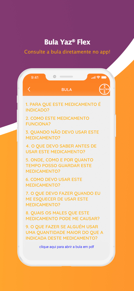 Yaz Flex - Yaz Flexアプリのデジタル医薬品添付文書が表示されている画面で、セクションヘッダーとPDFダウンロードリンクがあります。