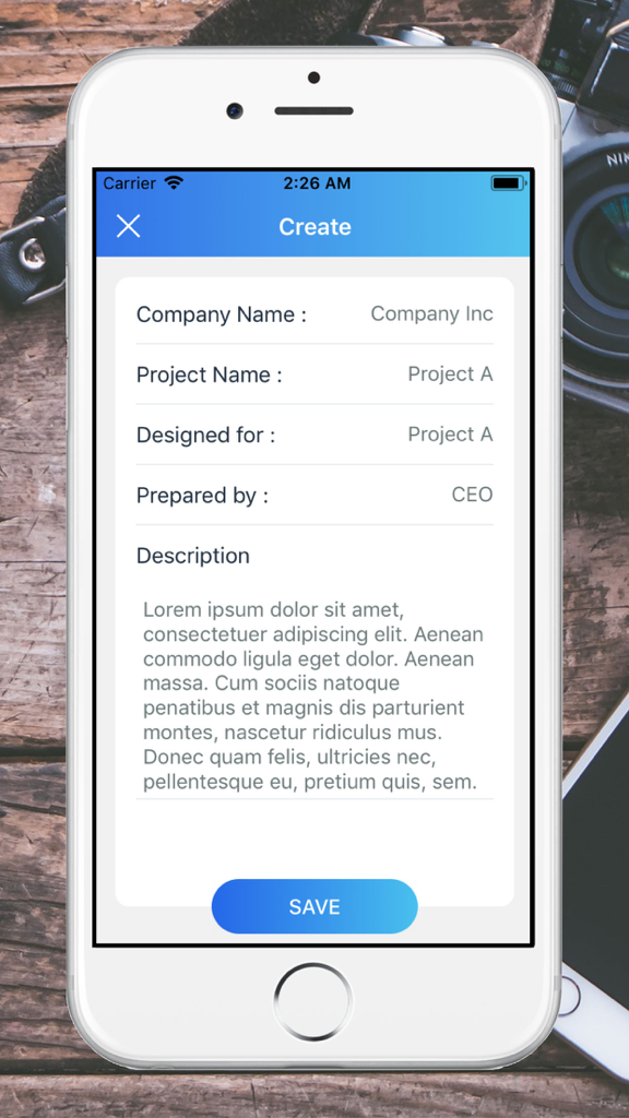 Business Model Canvas 2 - Creation screen in the Business Model Canvas 2 app showing fields for company name project name and description.