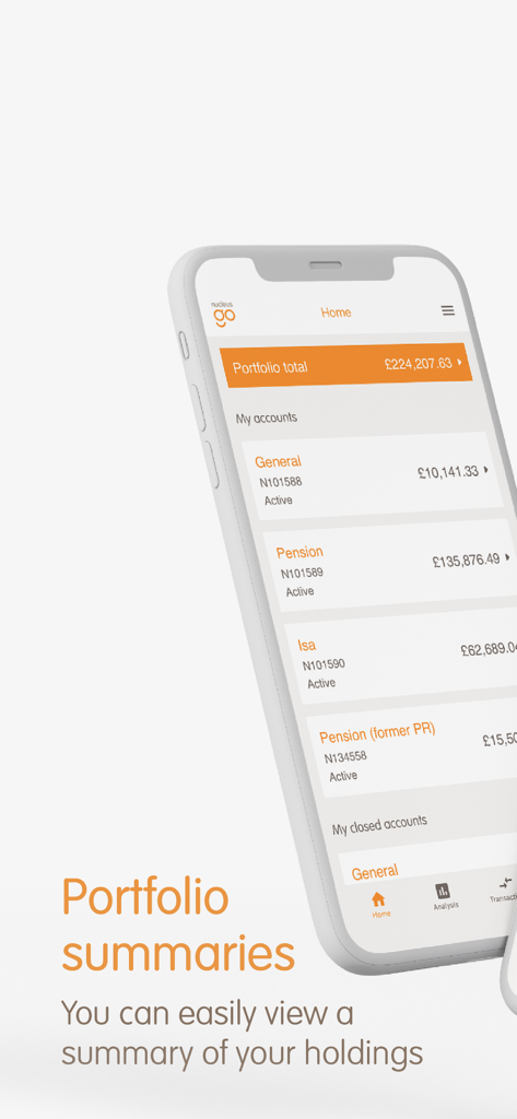 Nucleus Go - Pantalla de teléfono inteligente que muestra la página de inicio de la aplicación Nucleus Go con un valor total del portafolio y un desglose de las cuentas de inversión