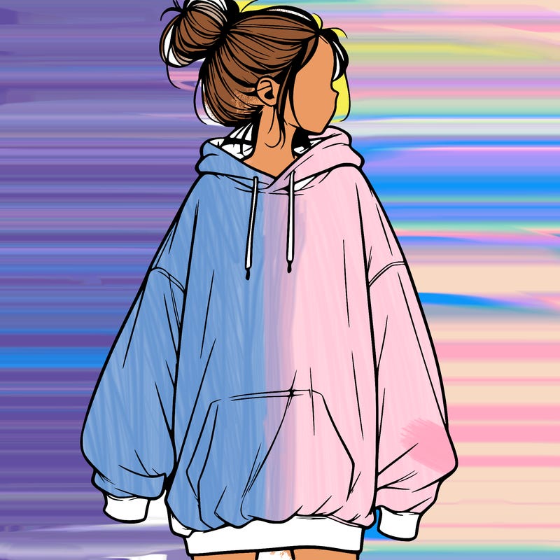 realistic girl with a oversized sweatshirt on and a bun