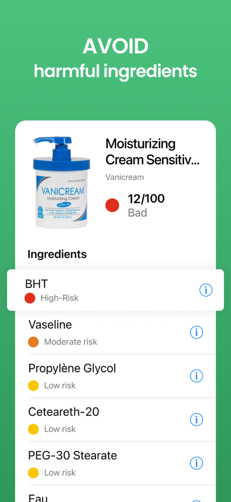 Yuka - Food & Cosmetic Scanner - Yuka app screen showing a low health score and ingredient analysis for a moisturizing cream