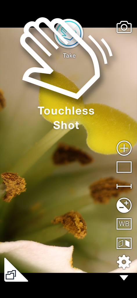 i-NTER SHOT2 for microscope - i-NTER SHOT2 app interface showing the touchless shot gesture feature for vibration-free microscopy photography