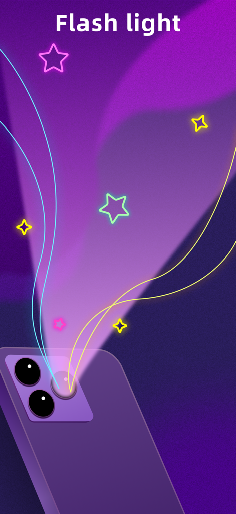 LED Banner - Big Text Scroller - Ilustración gráfica del modo linterna de un smartphone con estrellas de neón brillantes y haces de luz coloridos