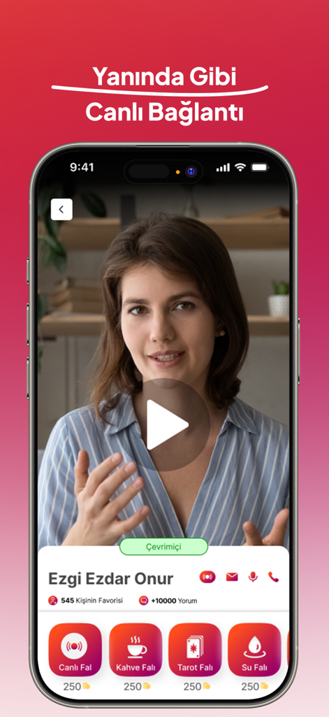 Pantalla de un teléfono inteligente que muestra una conexión de video en vivo con un lector de astrología y opciones para lecturas de café, tarot y agua