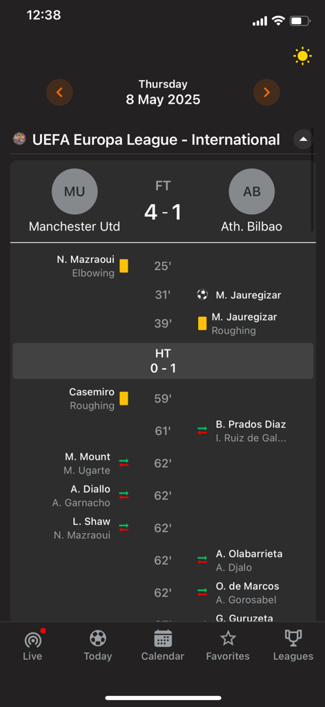 Detaillierte Fußballspielstatistiken und Live-Ergebnisse auf der Benutzeroberfläche der Rezultati.mk iOS-App, die Manchester United gegen Ath Bilbao zeigt