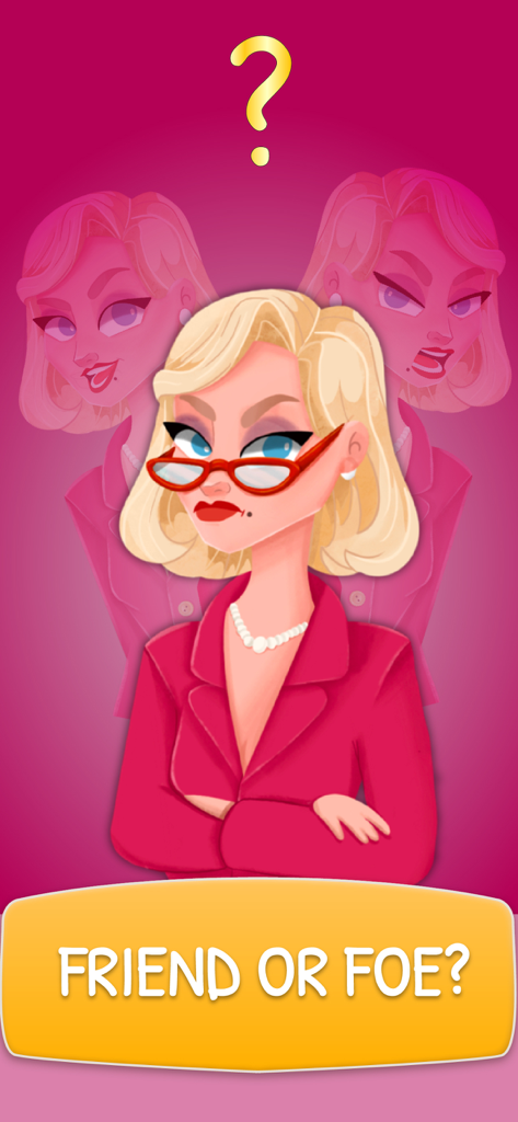 Life Choices 2: Life Simulator - A blonde female character in a red suit with the text Friend or Foe in Life Choices 2.