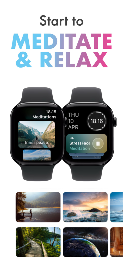 Apple Watch app screens showing meditation tracks and relaxation tools for stress management.