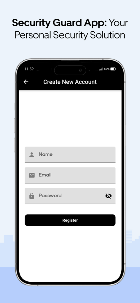 Mobile registration screen for the Security Guard App with fields for name, email, and password
